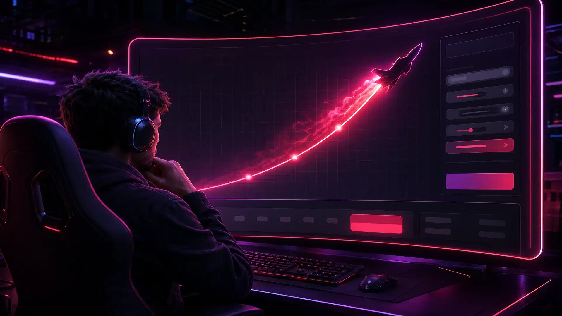 Ilustrasi game Aviator futuristik dengan grafik multiplier dan avatar gamer neon
