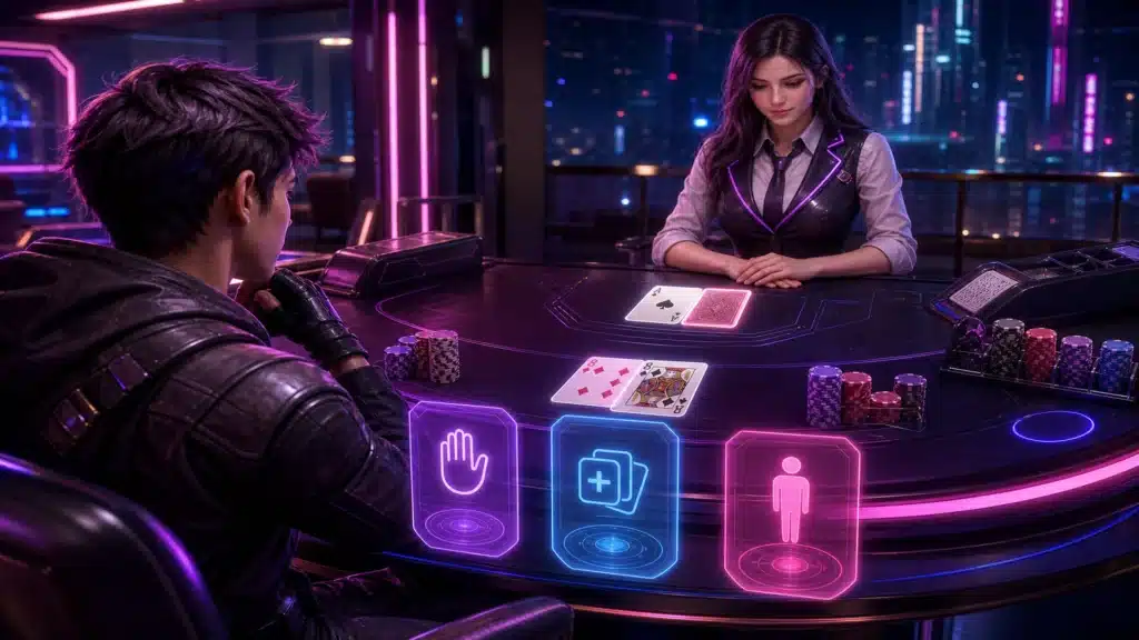 Ilustrasi meja blackjack live dengan kartu neon dan avatar gamer pemula