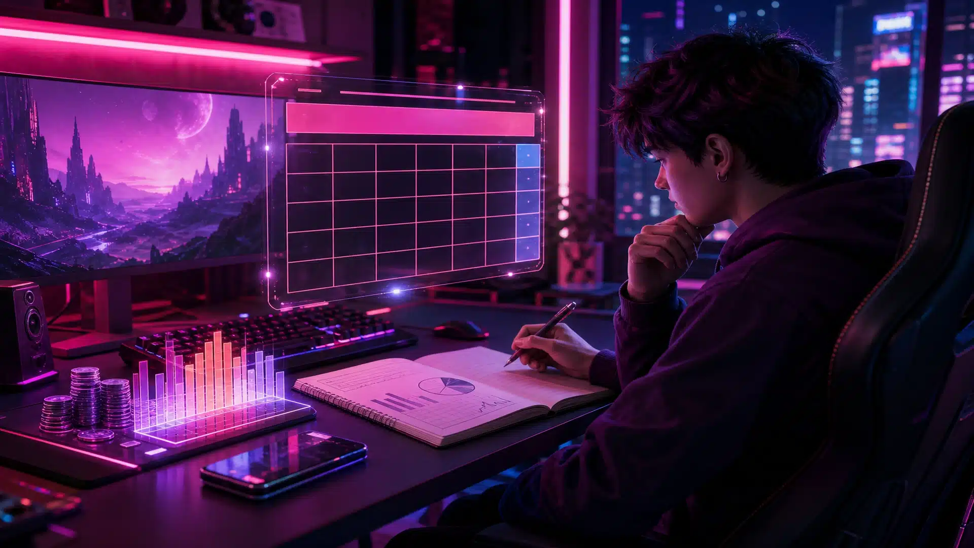 Ilustrasi evaluasi budget gaming minggu pertama Juli di meja cyberpunk neon