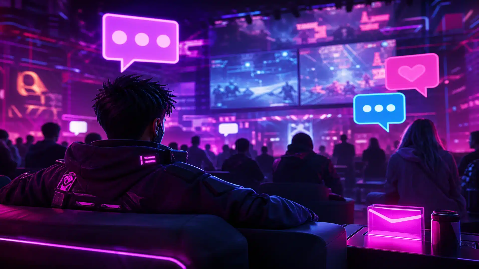 Ilustrasi komunitas gaming weekend dengan layar turnamen dan gelembung chat neon