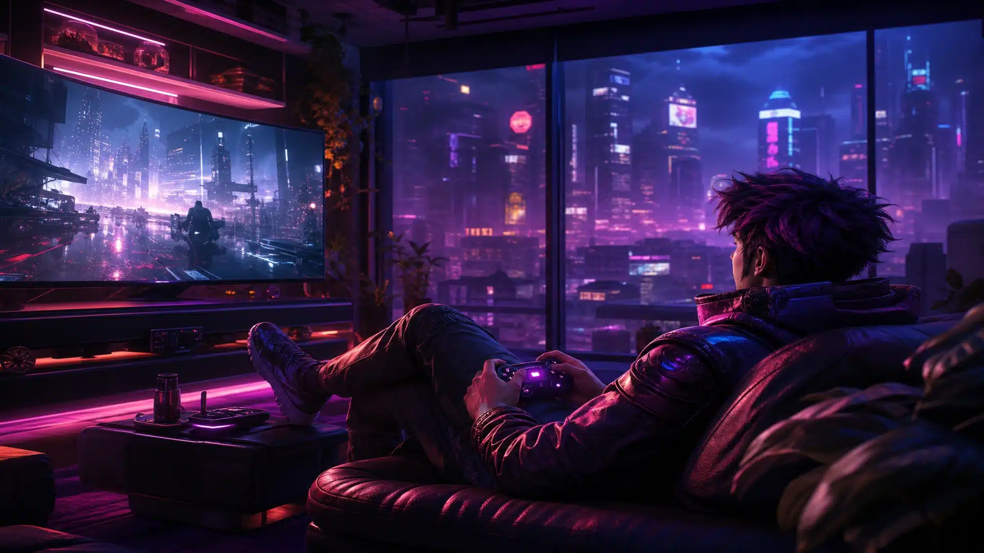 Ilustrasi kamar gaming cyberpunk dengan layar serial neon dan avatar santai