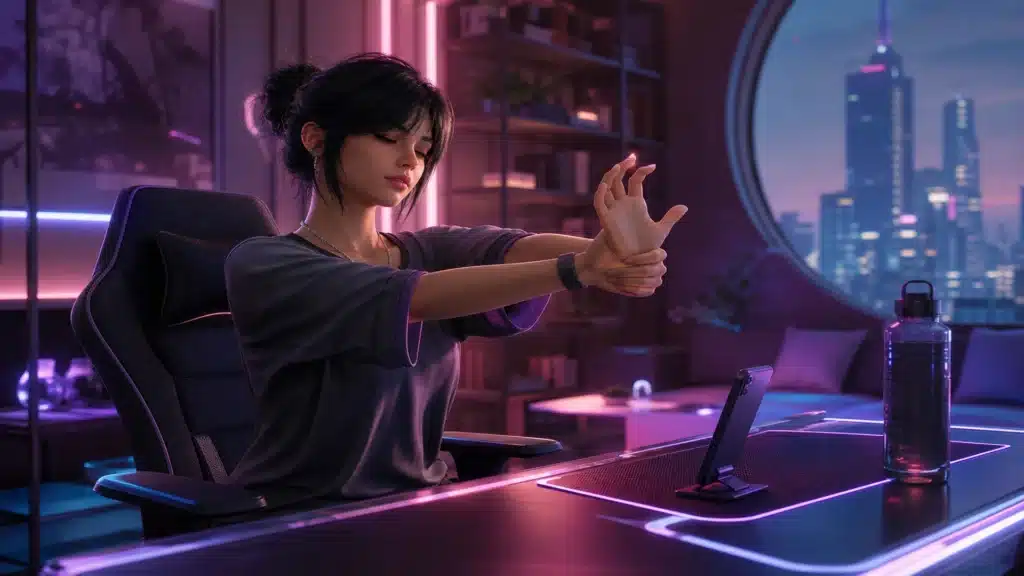 Ilustrasi gamer mobile melakukan stretching pergelangan di meja neon